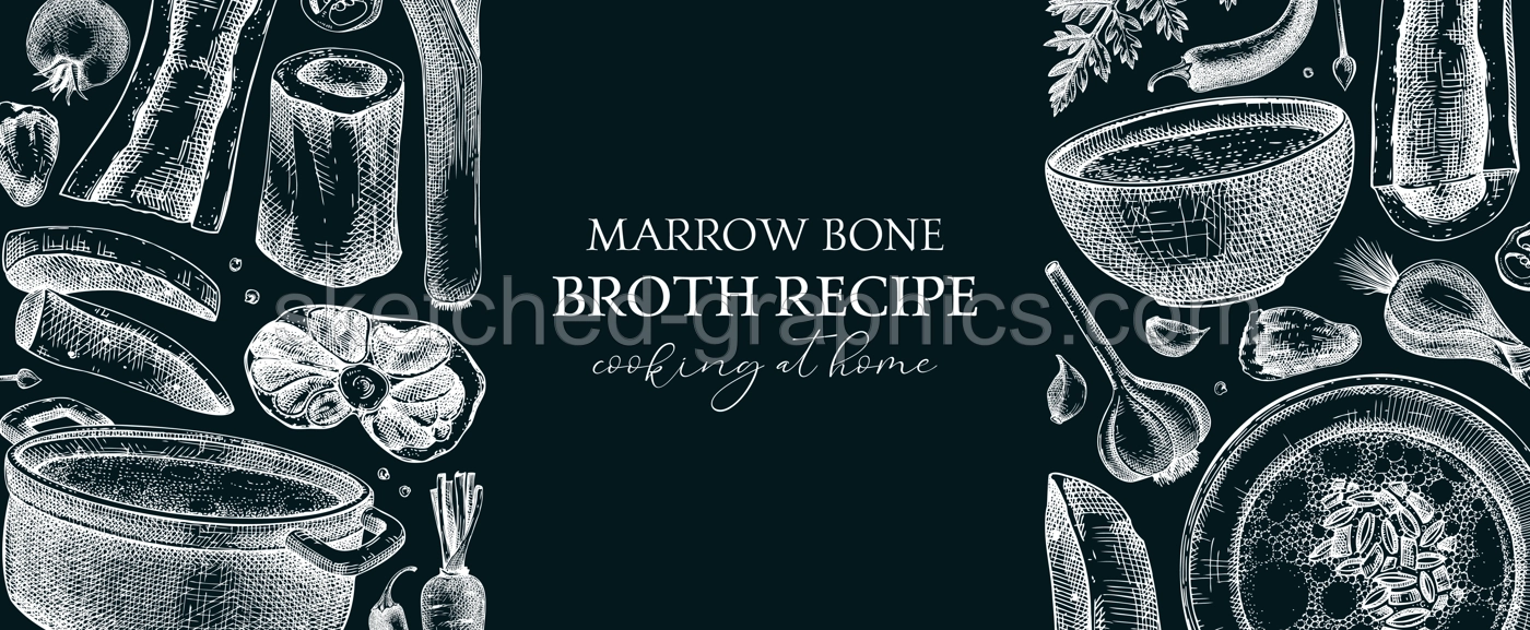 Healthy food background. Marrow bone broth banner. Hot soup on plates, pans, bowls, organ meat, vegetables, marrow bones sketches. Hand drawn vector illustrations. Homemade food on chalkboard Illustration